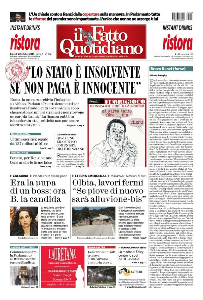 Copertina di giovedì 23 ottobre 2014