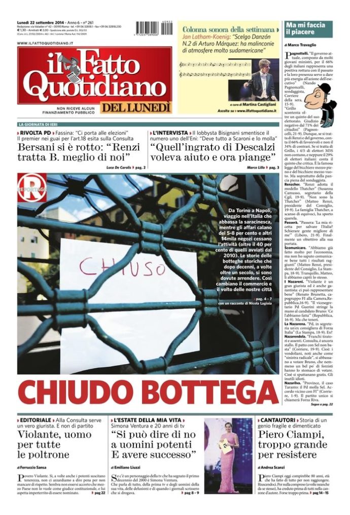 Copertina di lunedì 22 settembre 2014