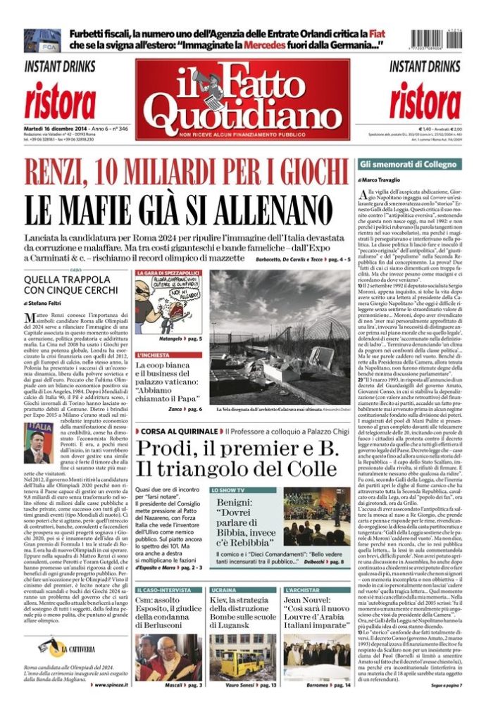 Copertina di martedì 16 dicembre 2014