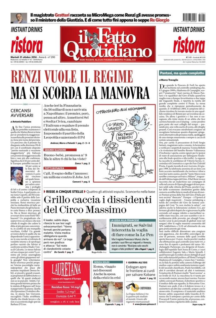 Copertina di martedì 21 ottobre 2014