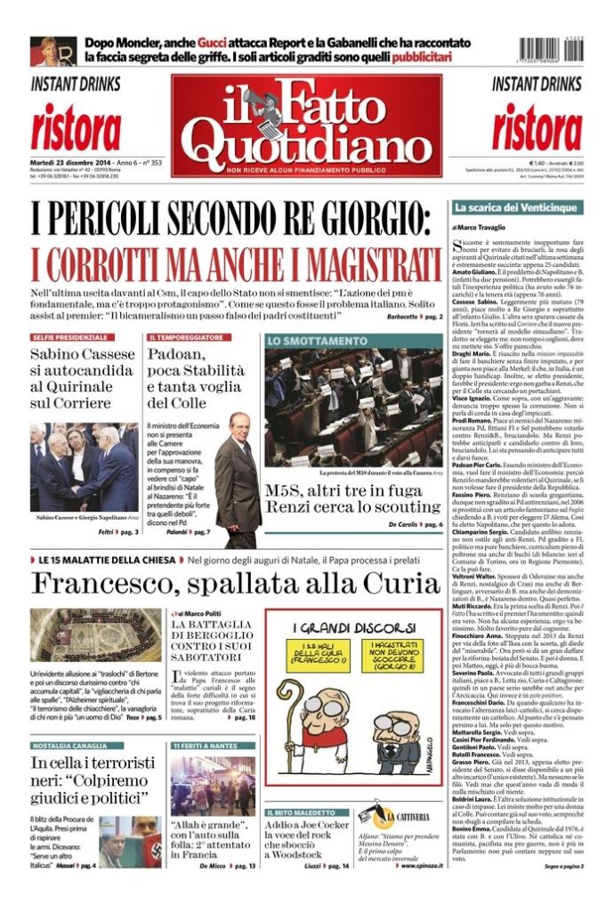 Copertina di martedì 23 dicembre 2014