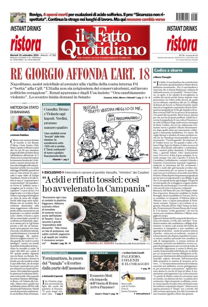 Copertina di martedì 23 settembre 2014