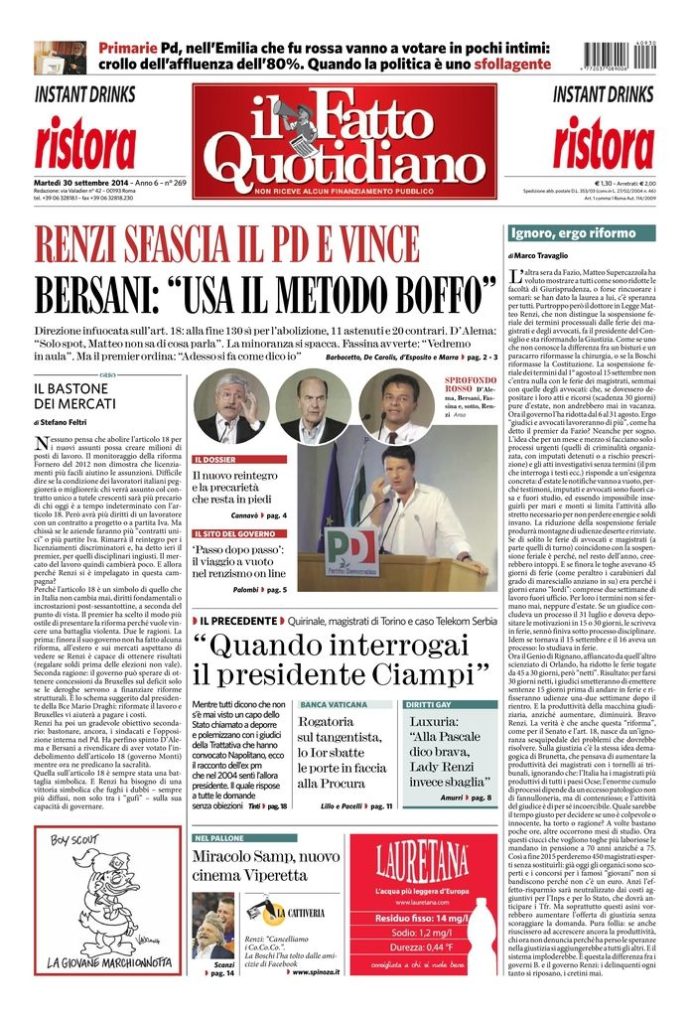 Copertina di martedì 30 settembre 2014