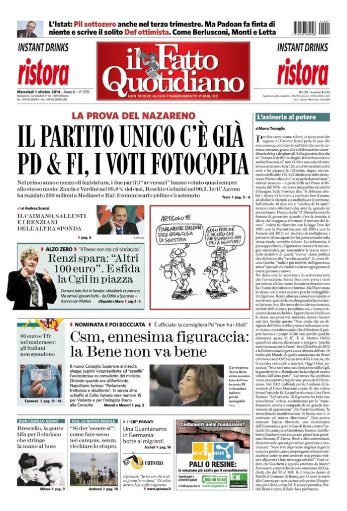 Copertina di mercoledì 1 ottobre 2014