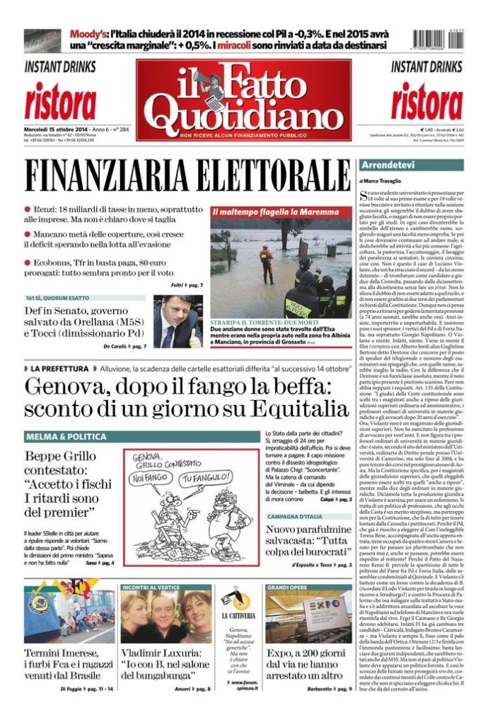 Copertina di mercoledì 15 ottobre 2014