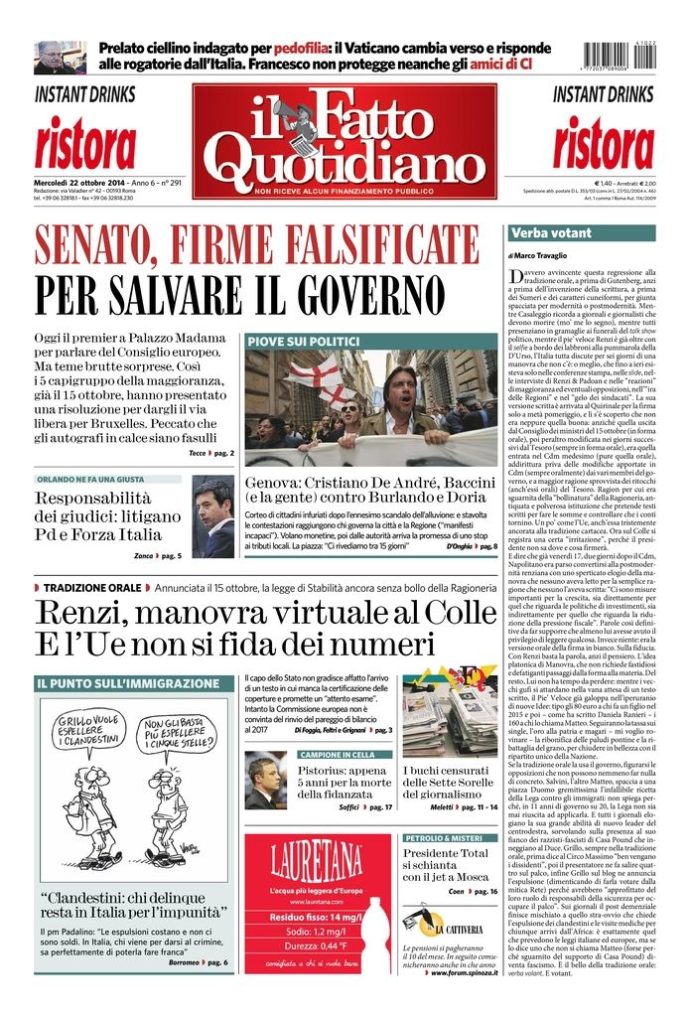 Copertina di mercoledì 22 ottobre 2014