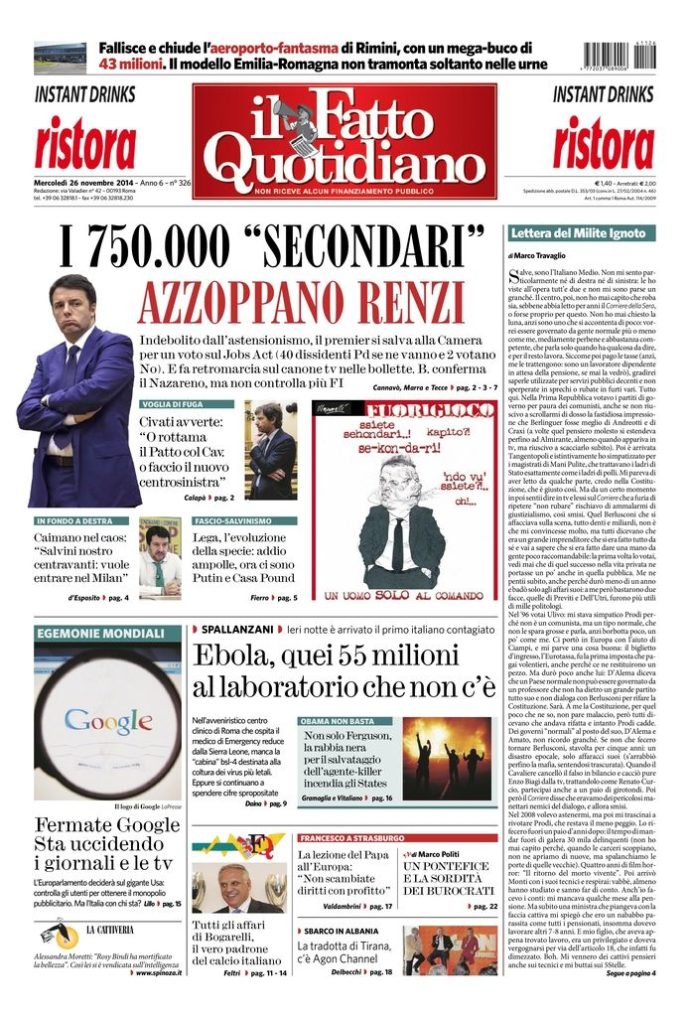 Copertina di mercoledì 26 novembre 2014