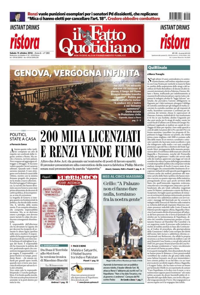 Copertina di sabato 11 ottobre 2014