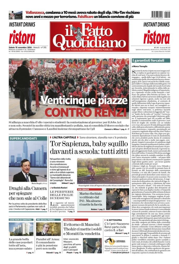 Copertina di sabato 15 novembre 2014