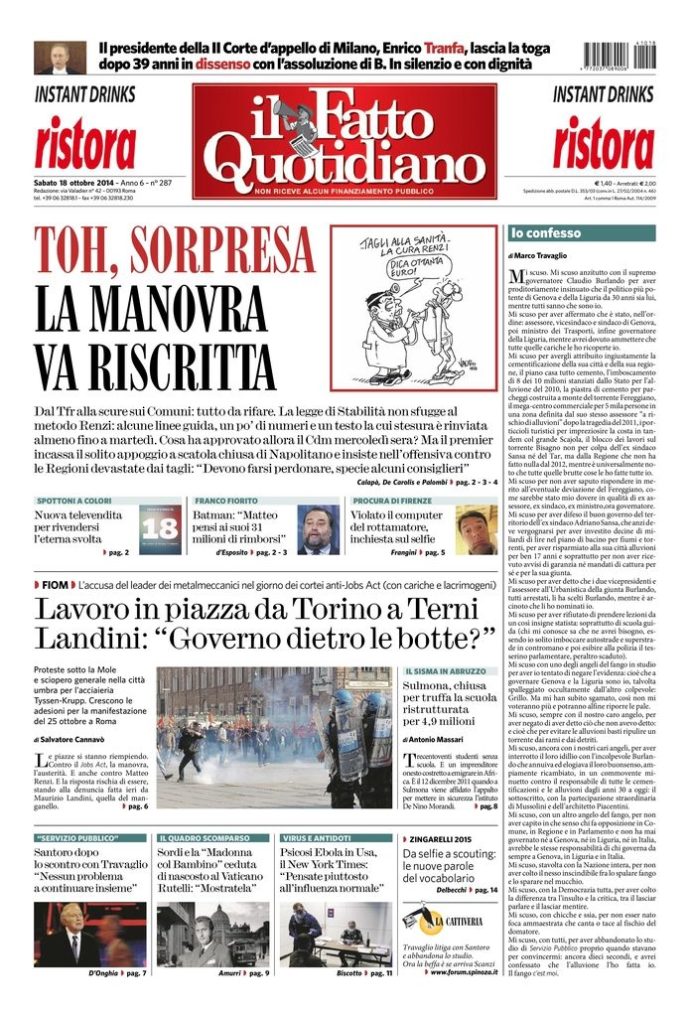 Copertina di sabato 18 ottobre 2014