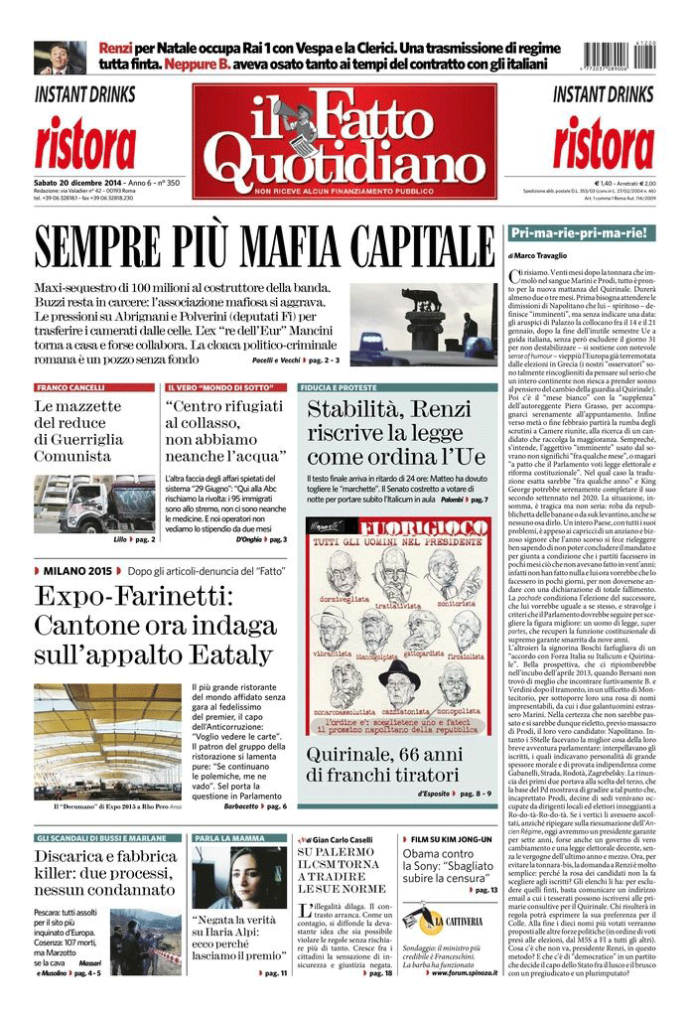 Copertina di sabato 20 dicembre 2014