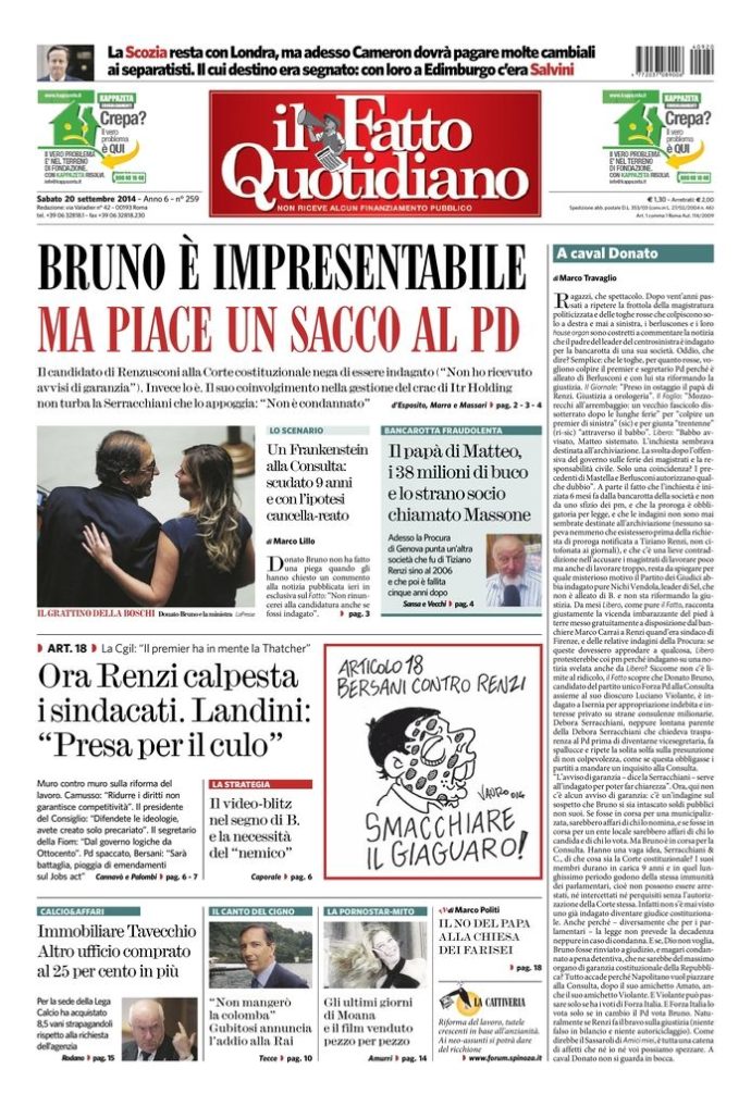 Copertina di sabato 20 settembre 2014