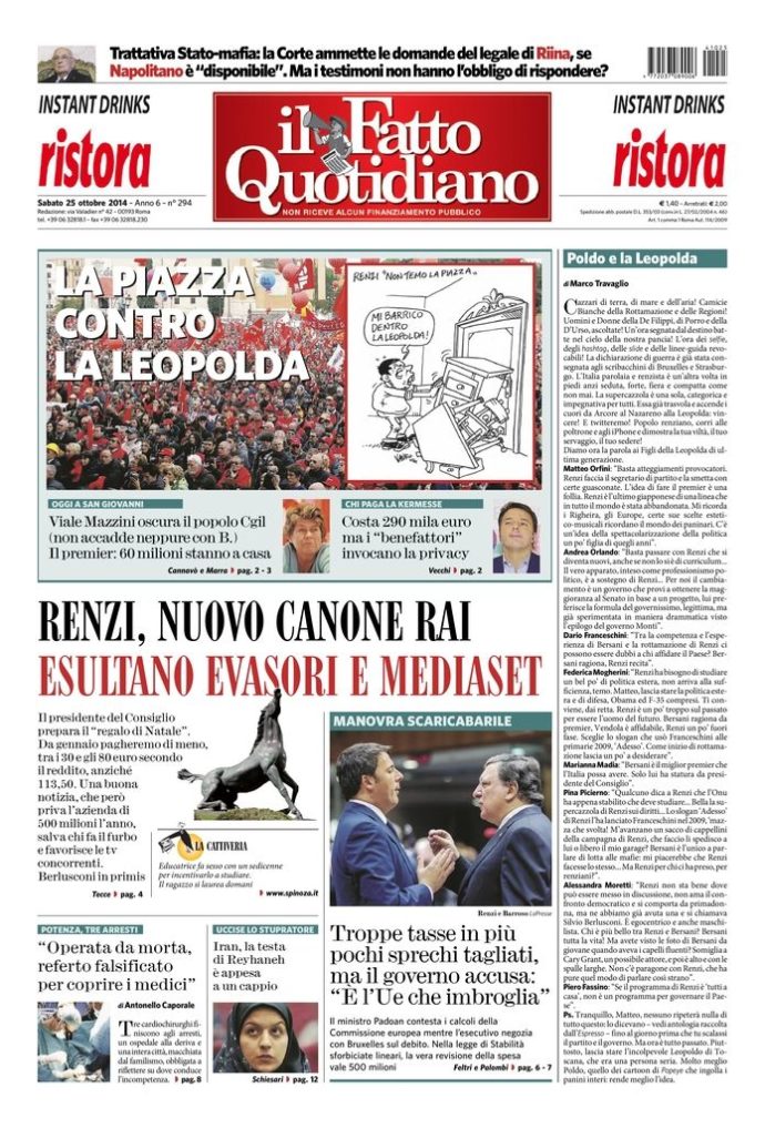 Copertina di sabato 25 ottobre 2014