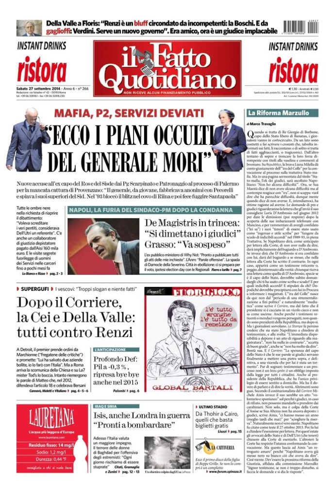 Copertina di sabato 27 settembre 2014