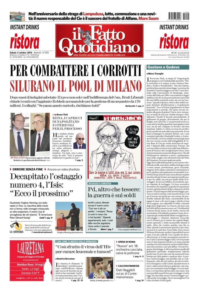 Copertina di sabato 4 ottobre 2014