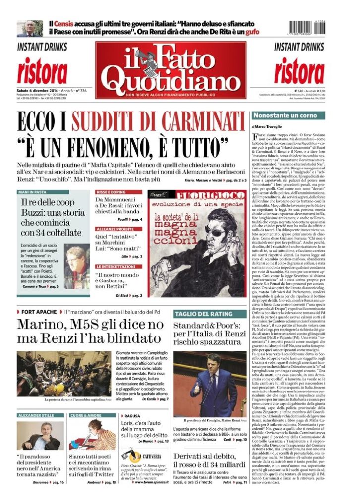 Copertina di sabato 6 dicembre 2014