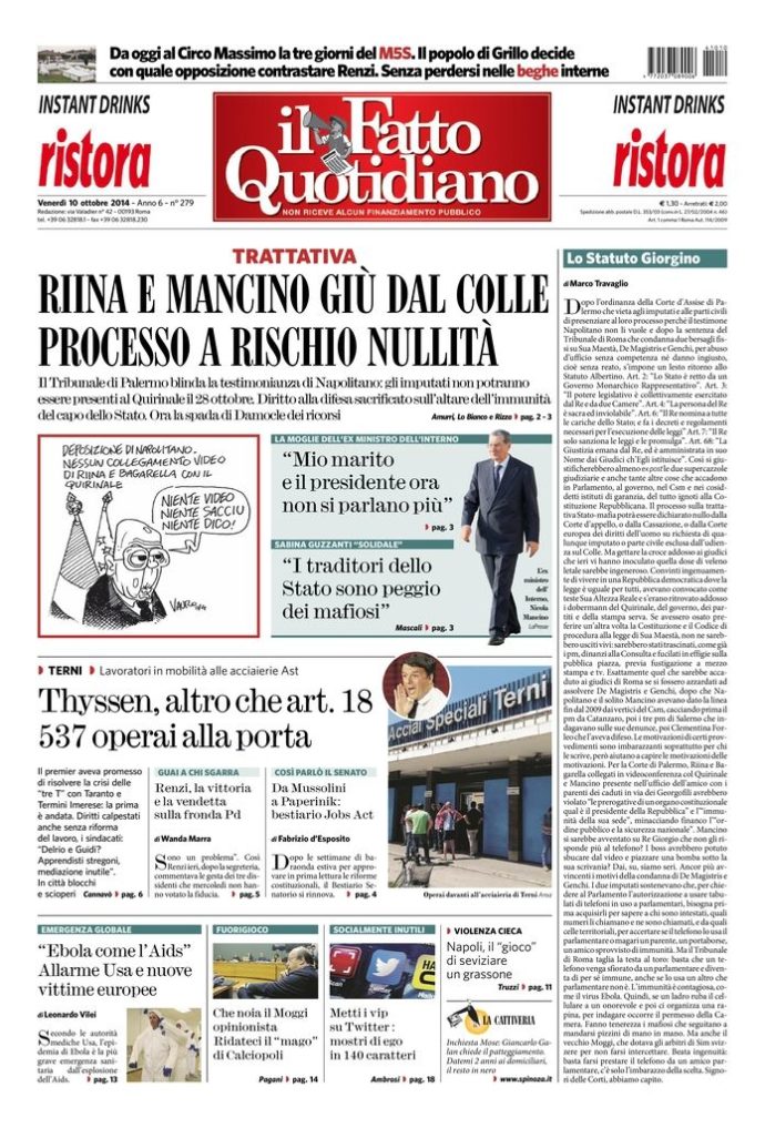 Copertina di venerdì 10 ottobre 2014