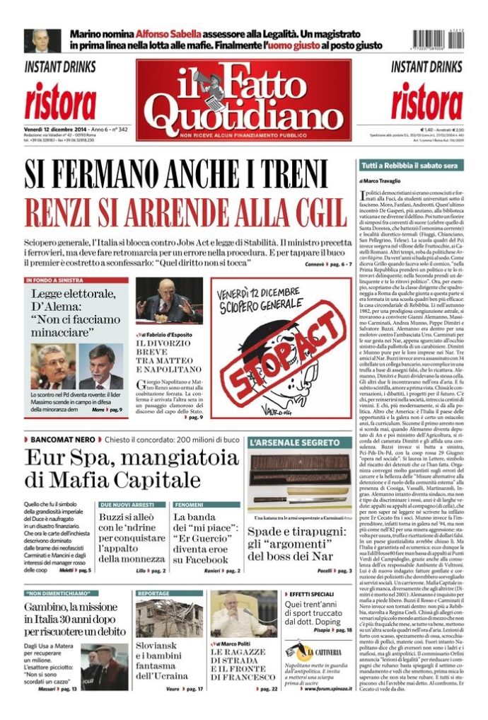 Copertina di venerdì 12 dicembre 2014