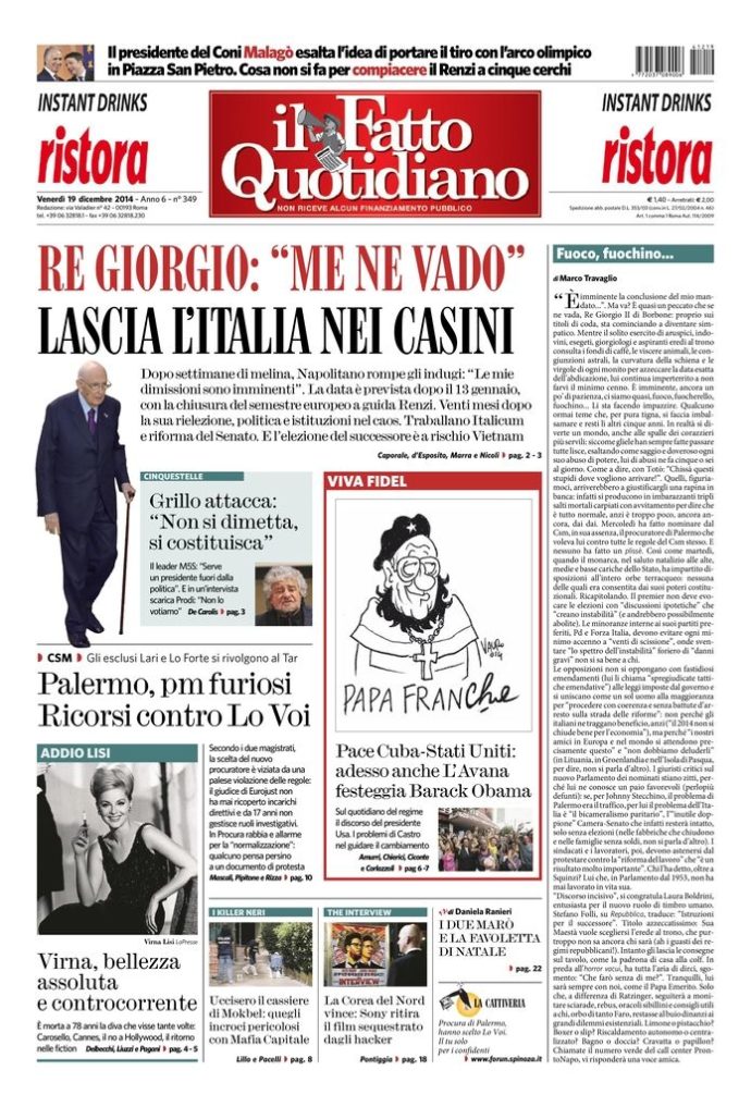 Copertina di venerdì 19 dicembre 2014