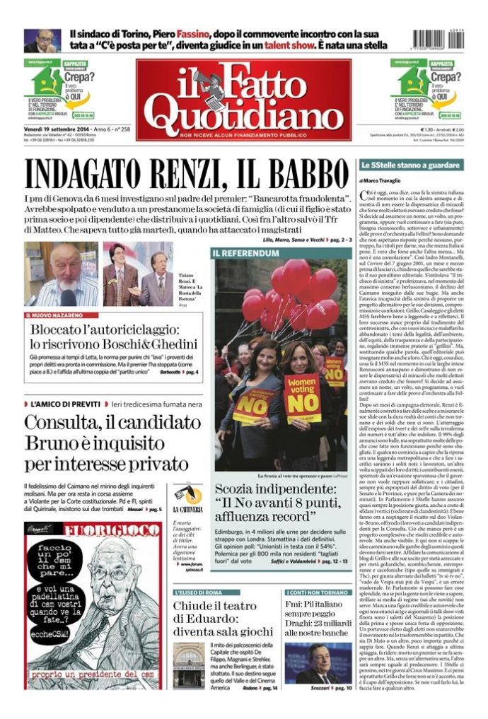 Copertina di venerdì 19 settembre 2014