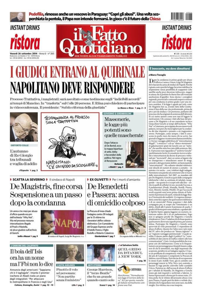 Copertina di venerdì 26 settembre 2014