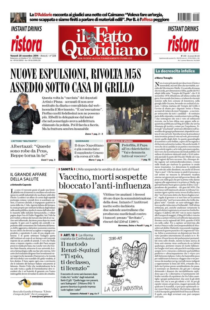 Copertina di venerdì 28 novembre 2014