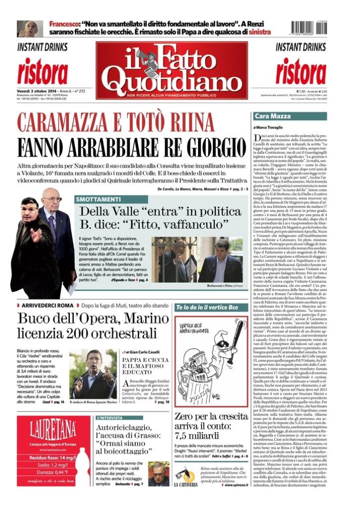 Copertina di venerdì 3 ottobre 2014