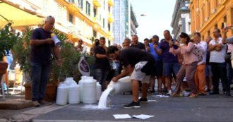 Copertina di Napoli, la protesta degli allevatori di bufale davanti alla Regione: decine di litri di latte versati in strada