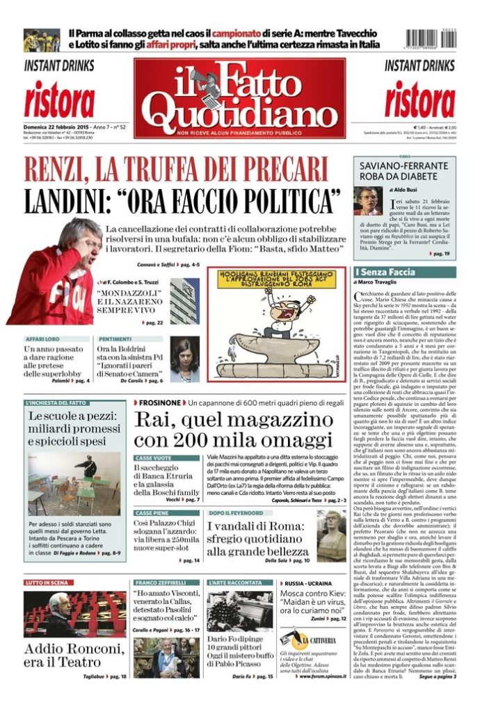 Copertina de Il Fatto Quotidiano di Dom 22 Febbraio 2015
