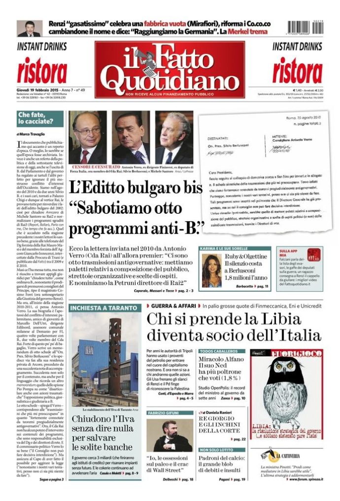 Copertina de Il Fatto Quotidiano di Gio 19 Febbraio 2015