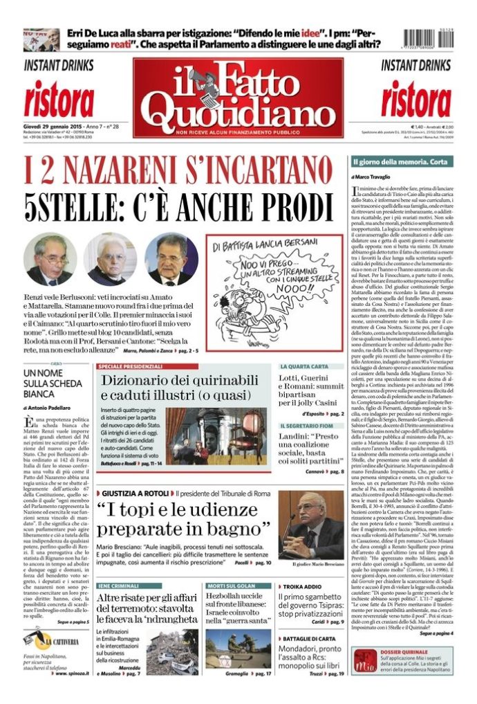 Copertina di giovedì 29 gennaio 2015