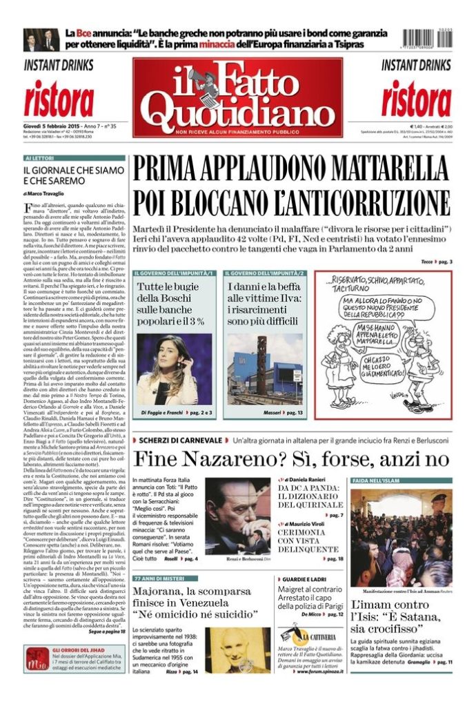 Copertina di giovedì 5 febbraio 2015