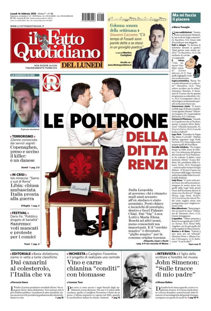 Copertina di lunedì 16 febbraio 2015