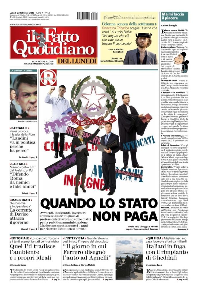 Copertina de Il Fatto Quotidiano di Lun 23 Febbraio 2015