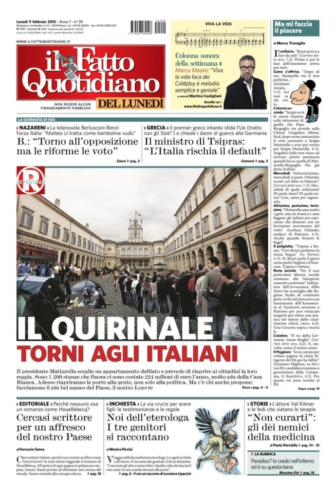 Copertina di lunedì 9 febbraio 2015