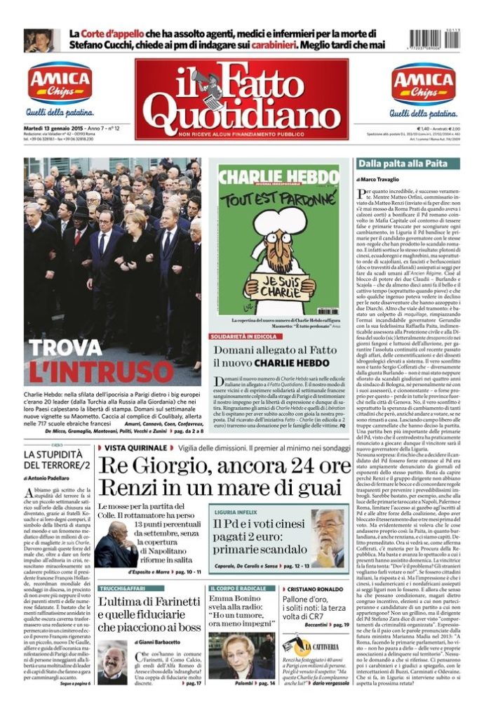 Copertina di martedì 13 gennaio 2015