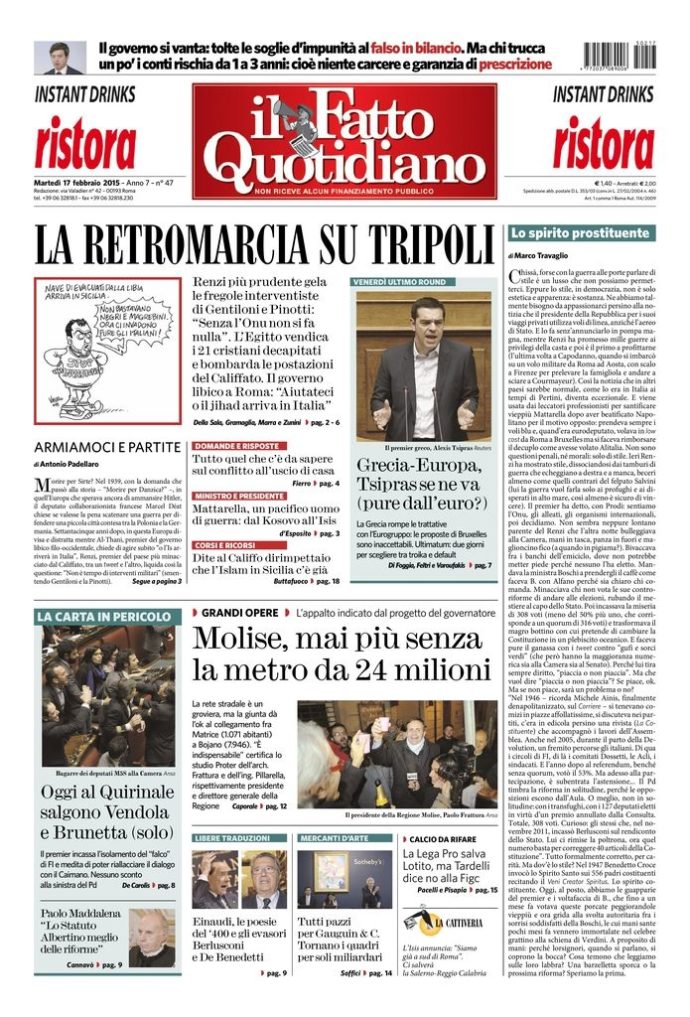 Copertina de Il Fatto Quotidiano di Mar 17 Febbraio 2015