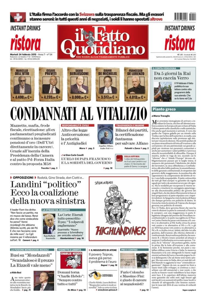 Copertina de Il Fatto Quotidiano di Mar 24 Febbraio 2015