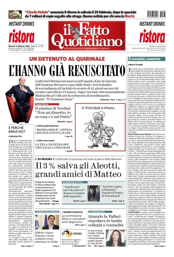 Copertina di martedì 3 febbraio 2015