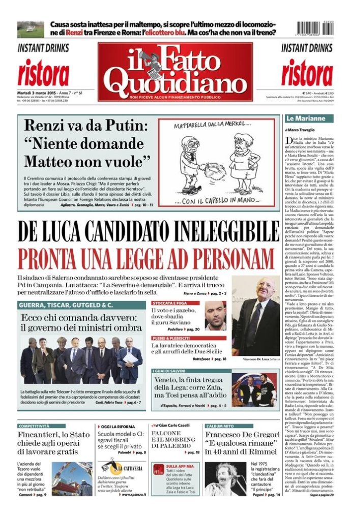 Copertina di martedì 3 marzo 2015