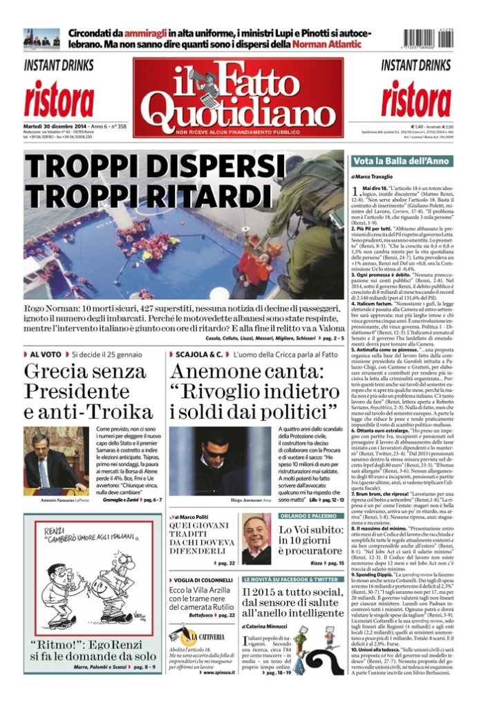 Copertina di martedì 30 dicembre 2014