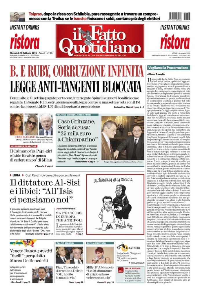 Copertina de Il Fatto Quotidiano di Mer 18 Febbraio 2015