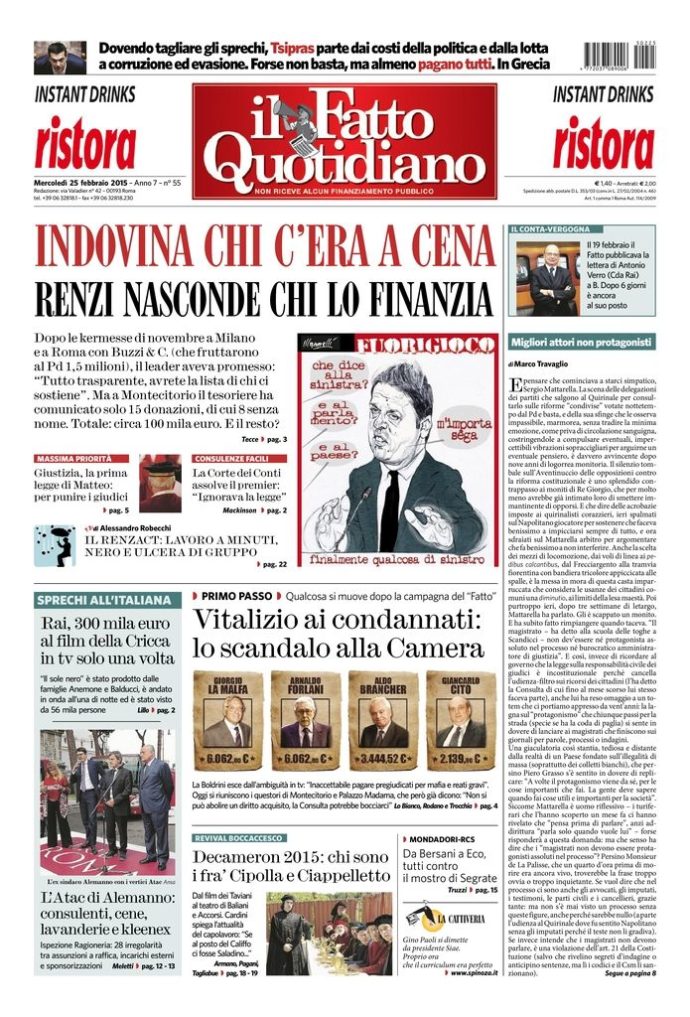 Copertina de Il Fatto Quotidiano di Mer 25 Febbraio 2015