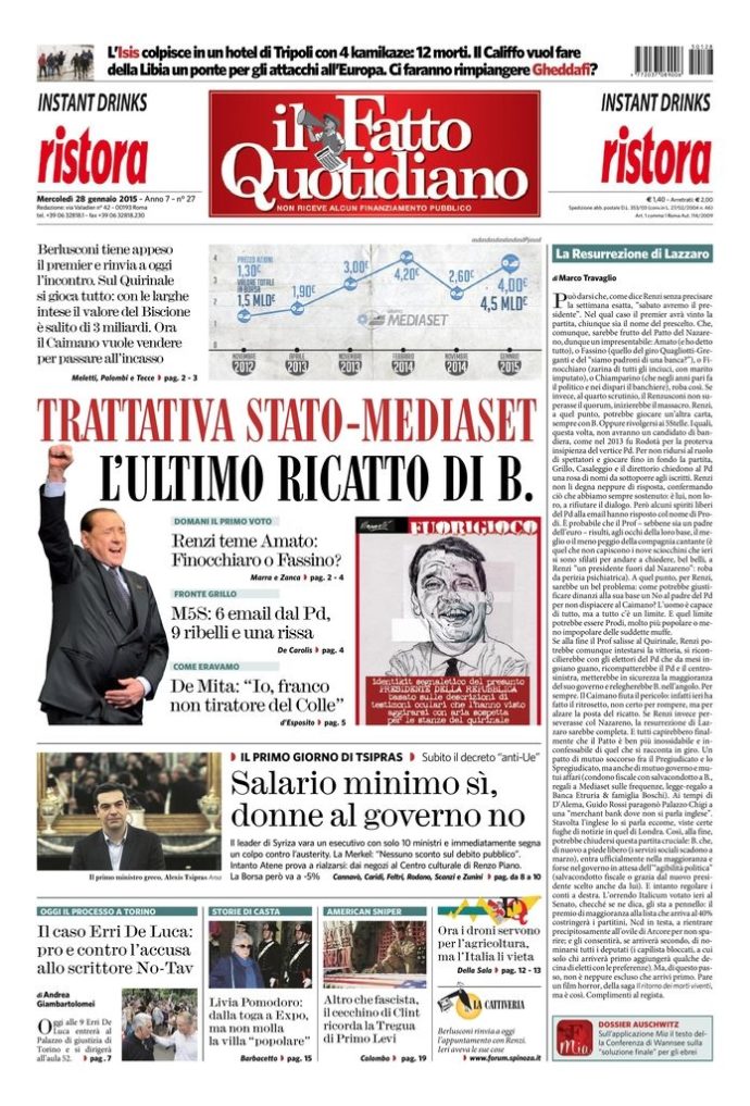 Copertina di mercoledì 28 gennaio 2015