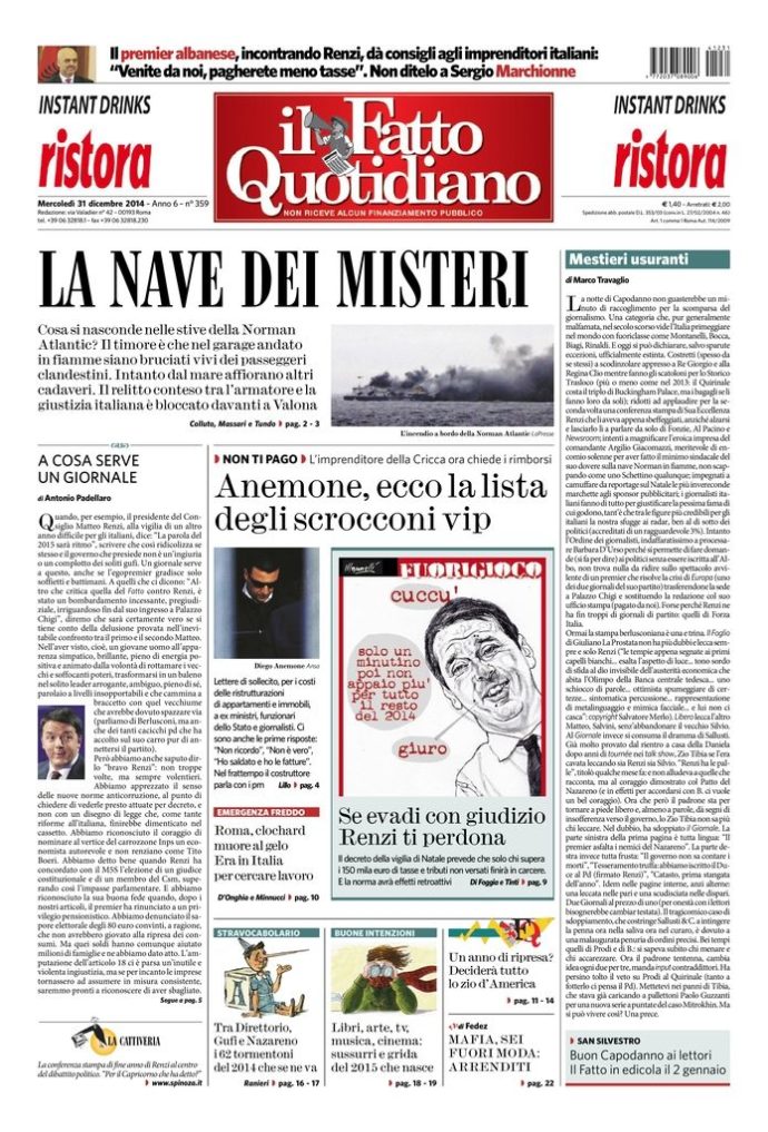 Copertina di mercoledì 31 dicembre 2014