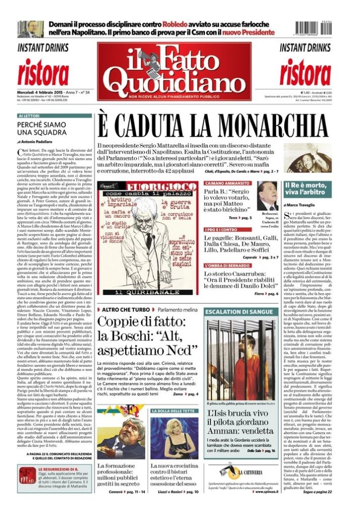 Copertina di mercoledì 4 febbraio 2015