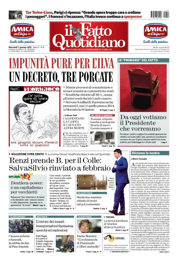 Copertina di mercoledì 7 gennaio 2015