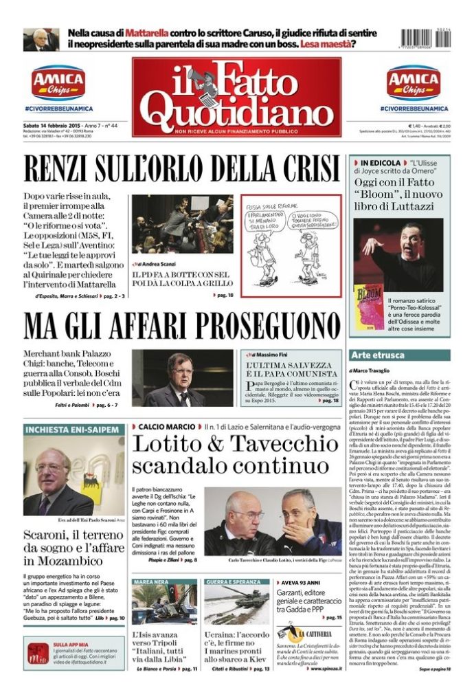 Copertina di sabato 14 febbraio 2015