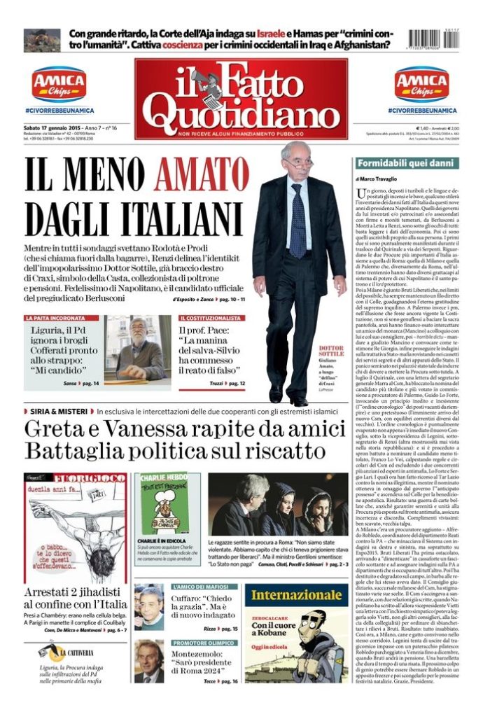 Copertina di sabato 17 gennaio 2015