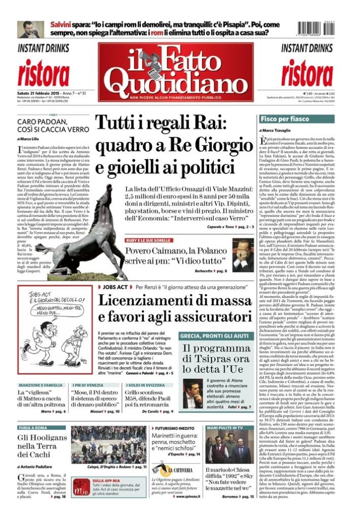 Copertina de Il Fatto Quotidiano di Sab 21 Febbraio 2015